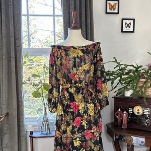 Floral Long Sleeve, Off-Shoulder Dress with Belt